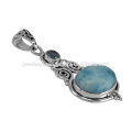 Natural Larimar And Sky Blue Topaz Gemstone 925 Solid Silver Pendant Jewelry